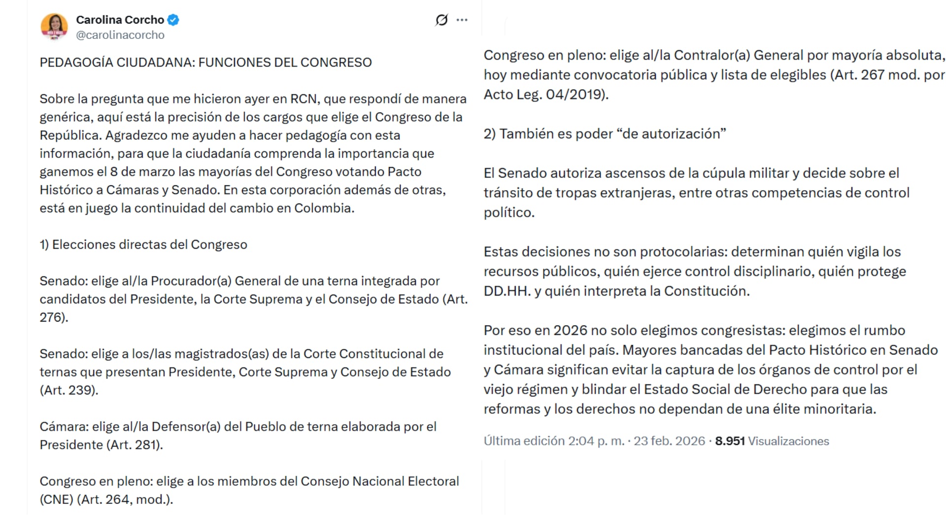 Carolina Corcho se vio obligada a aclarar públicamente los errores cometidos al explicar el funcionamiento del Congreso - crédito @carolinacorcho/X