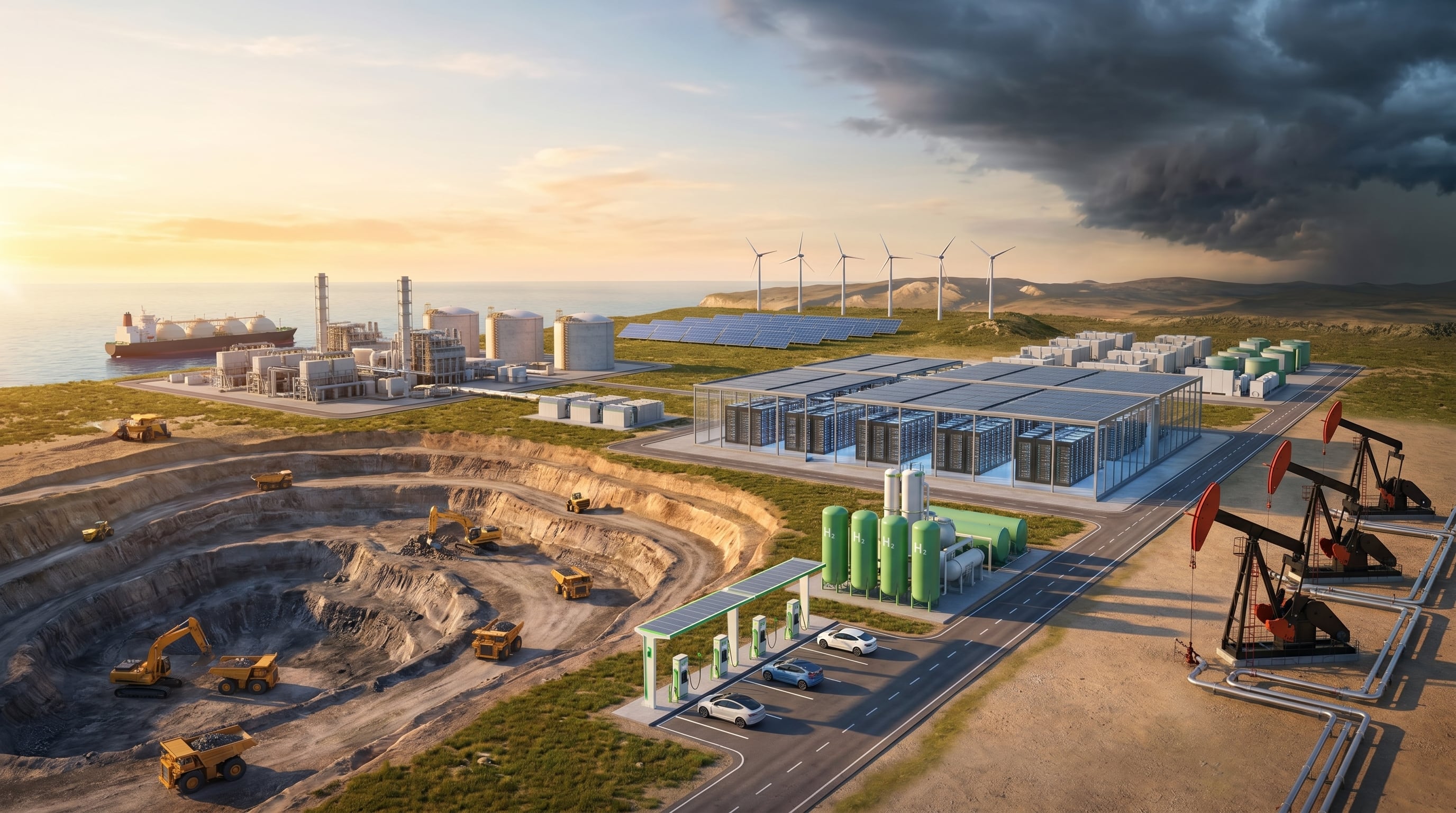 Este paisaje industrial ilustra el vasto potencial de inversión que el RIGI promete para Argentina, unificando sectores clave como minería, hidrocarburos y energías limpias, mientras nubes oscuras insinúan incertidumbre. (Imagen Ilustrativa Infobae)