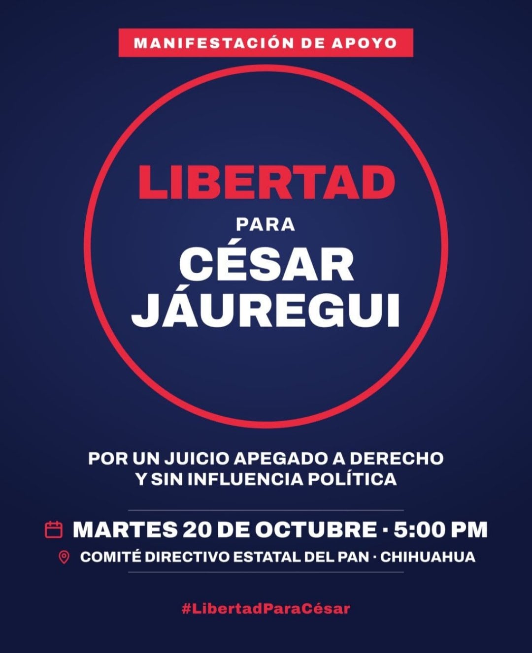 La convocatoria invita a militantes, simpatizantes y ciudadanos a reunirse este martes a las 17:00 horas frente a la sede estatal del PAN en Chihuahua, bajo la consigna “¡Liberen a Jáuregui!”. (Crédito: redes sociales)