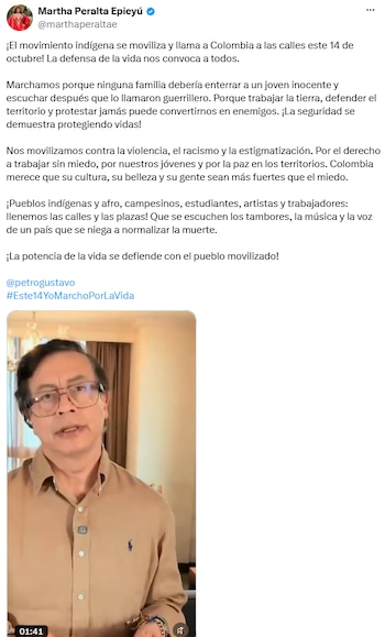 Martha Peralta convocó a una movilización indígena y social por la vida este 14 de octubre - crédito @marthaperaltae/X