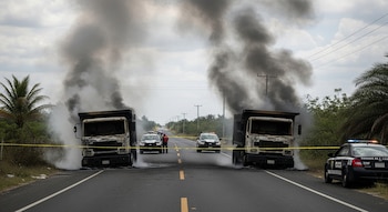 Una carretera rural con dos camiones de volteo quemados y con humo denso, cinta de seguridad amarilla, patrullas policiales, vegetación y cielo nublado.