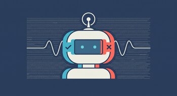Ilustración de la cabeza de un robot en el centro de un fondo azul con texto minúsculo, flanqueado por una marca de verificación y una cruz