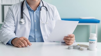 Un médico en bata blanca y estetoscopio sostiene un documento. En el escritorio se ven una botella de GLP-1 y una cinta métrica.