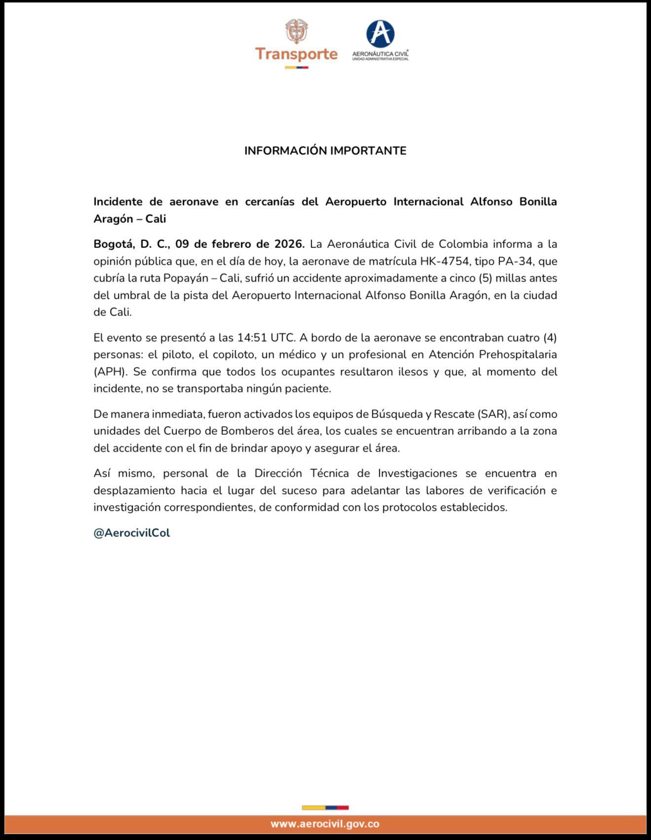 El incidente del vuelo ambulancia entre Popayán y Cali motivó la inmediata movilización de los equipos de rescate - crédito Aerocivil