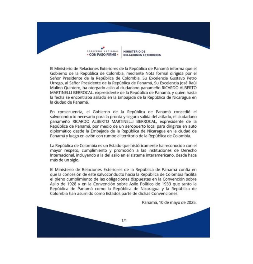 Con este comunicado, la Cancillería de Panamá confirmó que expresidente Ricardo Martinelli estará asilado en Colombia - crédito suministrado a Infobae Colombia