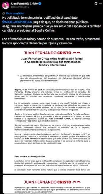 Juan Fernando Cristo exige rectificación