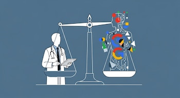 Ilustración conceptual de una balanza con un médico en un platillo y una figura abstracta digital con circuitos y acentos de colores de Google en el otro, sobre un fondo azul petróleo.