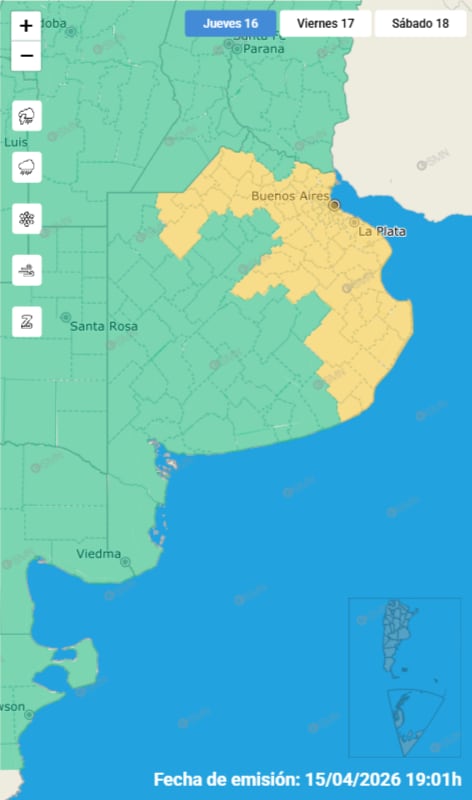 El SMN anunció alerta amarilla por tormenta en varias localidades de Buenos Aires (Captura del SMN)