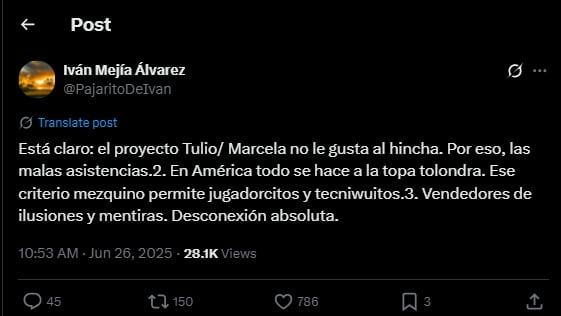 El excomentarista deportivo fue crítico con la situación del América de Cali, después de la llegada del técnico de la mechita - crédito @PajaritoDeIvan / X
