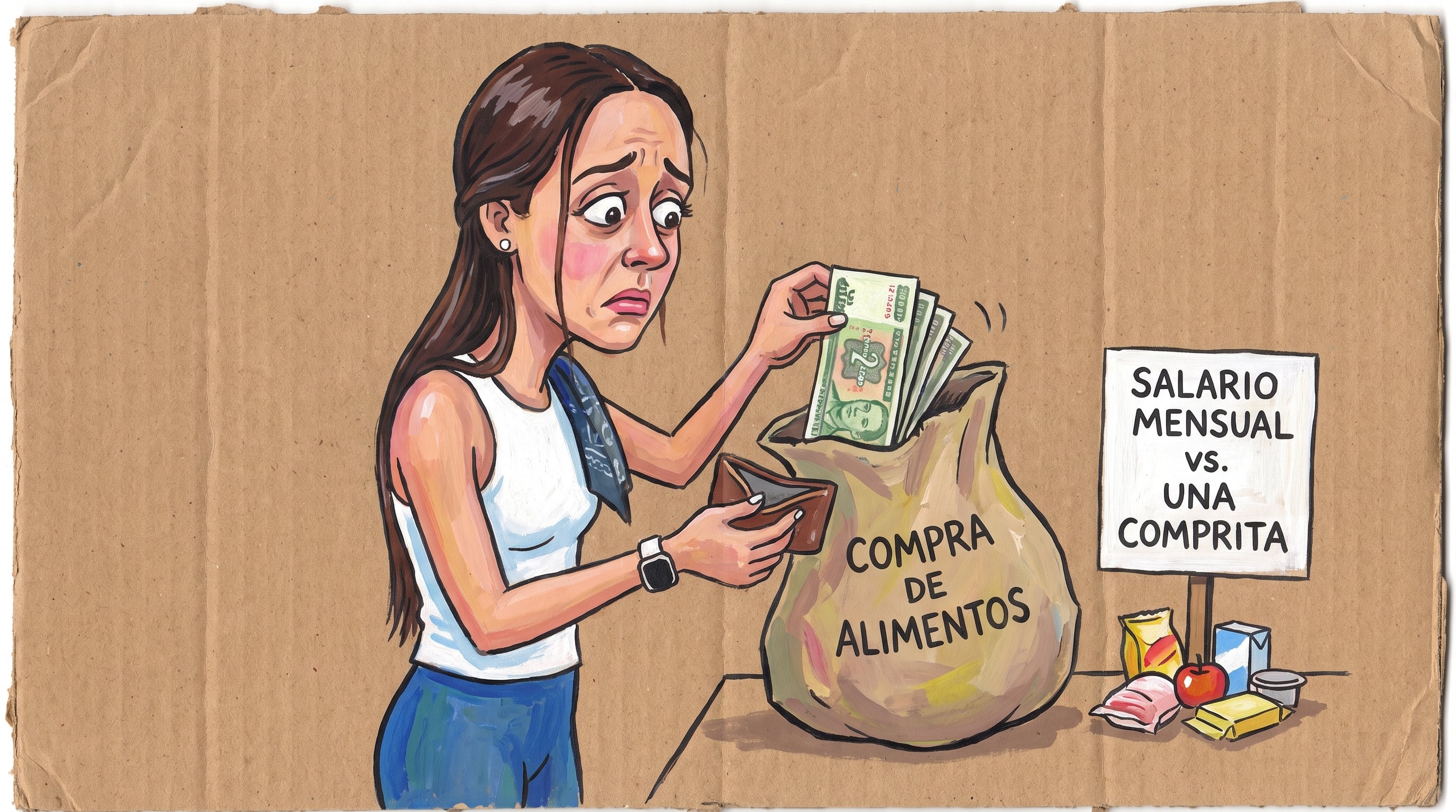 Una mujer en Cuba deposita su dinero en una gran bolsa de compra de alimentos que abarca casi la totalidad de su salario mensual. (Imagen Ilustrativa Infobae)