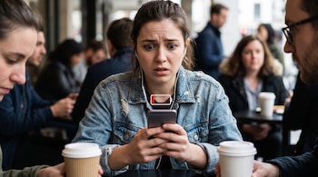 Una joven con auriculares mira su smartphone con expresión de pánico; la pantalla muestra un icono de batería baja. Otros clientes borrosos de un café se ven al fondo.