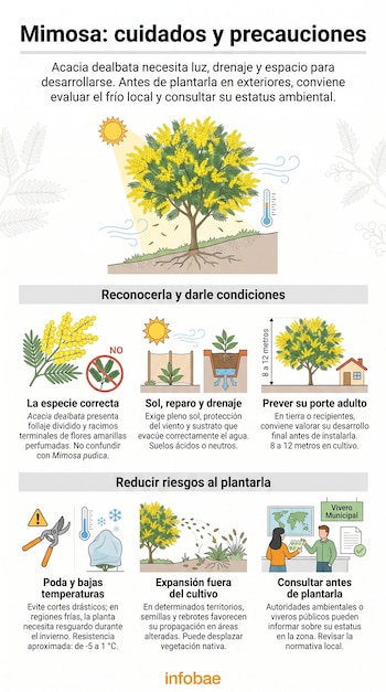 Infografía con ilustraciones de un árbol de mimosa, un sol, tijeras de podar, un mapa y texto sobre los cuidados de la Acacia dealbata.