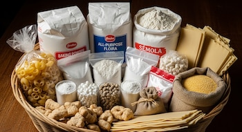 Cesto de mimbre con varios paquetes y bolsas de harina, sémola, polvos para hornear, pasta seca, pellets, y pequeños productos de masa horneada.