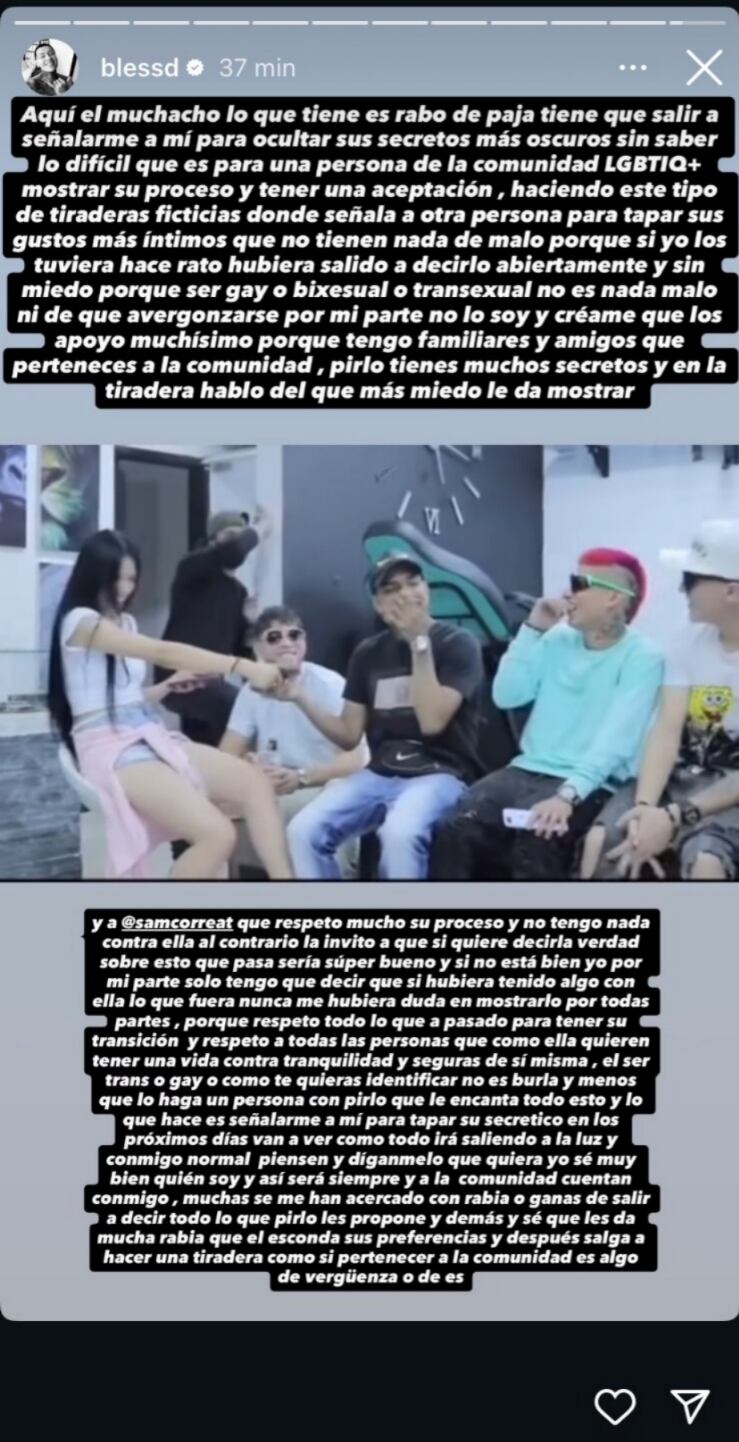 Blessd reacciona públicamente tras ser mencionado en una tiradera de Pirlo, negando cualquier vínculo sentimental con Samantha Correa y defendiendo el respeto hacia la comunidad trans - crédito @blessd / Instagram