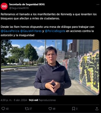 Secretaría de Seguridad de Bogotá invitó a dialogar a los manifestantes que bloqueaban la Avenida Ciudad de Cali - crédito @SeguridadBOG / X