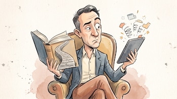 Ilustración de un hombre sentado en un sillón con un libro abierto en una mano y una tableta con figuras flotantes en la otra.