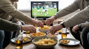 Mãos de adultos pegando lanches e bebidas de uma mesa com um prato de frituras, batatas, molho, cerveja e copos, em frente a uma televisão com futebol.