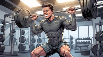 Un hombre muscular y sudoroso levanta una barra con pesas en un gimnasio, rodeado de equipos de entrenamiento y discos de peso.