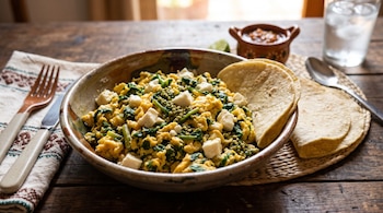 Tazón de cerámica con huevos revueltos, huauzontle y queso panela, junto a tortillas de maíz, salsa, cubiertos y un vaso con agua.