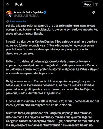 Abelardo La Espriella felicitó a