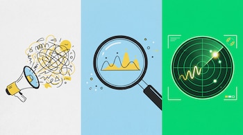 Ilustración de tres bloques: megáfono con garabatos, lupa sobre gráfico de picos, y radar con señal creciente. Fondos gris, celeste y verde.