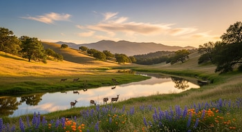 Un valle verde con colinas arboladas, un río, ciervos pastando, flores púrpuras y naranjas en primer plano, y montañas al fondo con luz cálida.