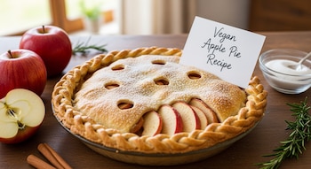 Un pastel de manzana vegano horneado con azúcar glas y un borde trenzado, en una mesa de madera. Junto a él, manzanas frescas, canela y una nota con "Vegan Apple Pie Recipe".