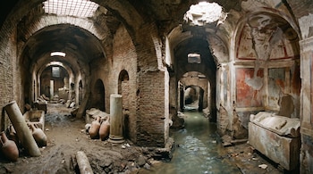 Túneles de ladrillo con arcos, un canal de agua, ánforas, columnas de piedra y un sarcófago en un espacio subterráneo con frescos y luz cenital.
