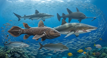 Una escena submarina muestra un coelacanth y varios tiburones nadando junto a escuelas de peces pequeños sobre un arrecife de coral, con luz solar filtrándose desde la superficie.