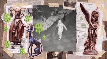 Composición con varias estatuas, símbolos de dólar, un reporte policial, recortes de periódico y una imagen de vigilancia con una figura.