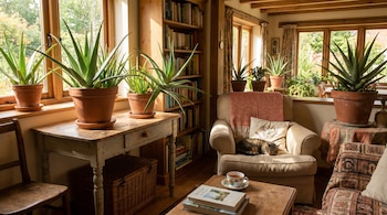 Un interior luminoso con múltiples plantas de aloe vera en macetas de terracota junto a ventanas de madera. Un gato atigrado duerme en un sillón.