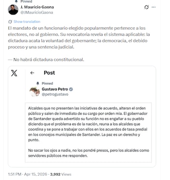 El abogado Mauricio Gaona afirmó que la remoción de funcionarios elegidos por voto popular debe regirse por el debido proceso y decisiones judiciales - crédito @JMauricioGaona/X