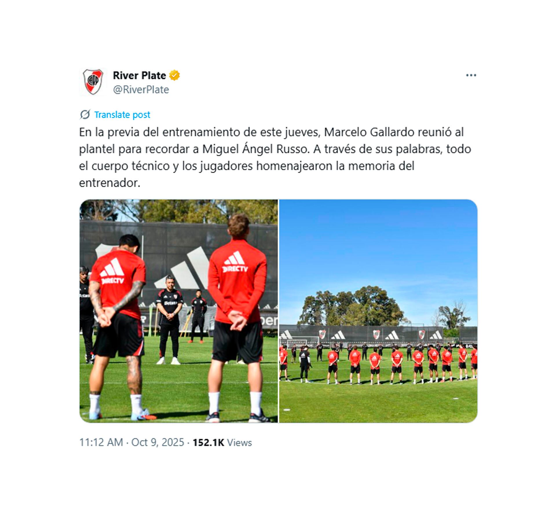 El minuto de silencio del plantel de River antes del entrenamiento de este jueves (Foto: @RiverPlate)
