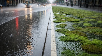 Vista a nivel del suelo de una calle urbana bajo fuerte lluvia, con la mitad izquierda del asfalto inundada y la mitad derecha cubierta de musgo absorbente.