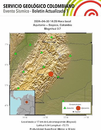Evento Sísmico - Boletín Actualizado 1, 2024-04-30, 14:20 hora local Magnitud 2.7, Profundidad Superficial (Menor a 30 km), Aquitania - Boyacá, Colombia - crédito @sgcol / X