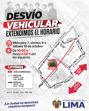 Mapa vial con rutas de desvío de tránsito alrededor del Estadio San Marcos, con el logo de la Municipalidad de Lima y una foto del grupo BTS