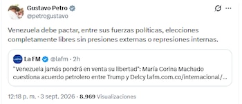 El exjefe de Estado hizo un llamado de unión a los diferentes grupos políticos del vecino país - crédito @petrogustavo/X