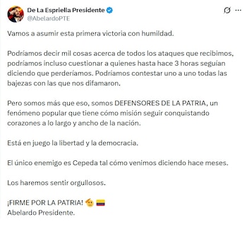 Abelardo de la Espriella dijo que asumirá la victoria con humildad - crédito @AbelardoPET/X
