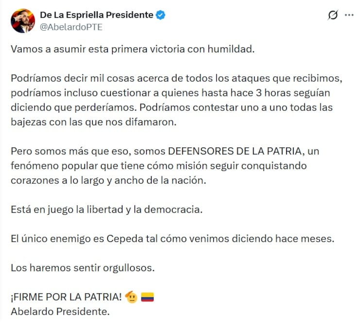 Abelardo de la Espriella dijo que asumirá la victoria con humildad - crédito @AbelardoPET/X