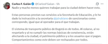 El alcalde Carlos Fernando Galán ordenó sanciones ejemplares y acciones inmediatas contra quienes incumplan las normas de convivencia ciudadana - crédito Carlos Fernando Galán/X