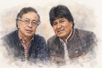 Dibujo acuarela que representa a dos hombres: uno con cabello oscuro rizado y gafas, y otro con cabello oscuro liso y una chaqueta oscura con detalles.