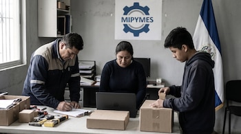 Tres personas, un hombre, una mujer y un joven, trabajan en una oficina con cajas y herramientas. Uno revisa papeles, otro usa laptop, y el tercero empaca. Logo MIPYMES y bandera de El Salvador al fondo.