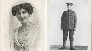 Dos fotografías en blanco y negro: a la izquierda, una mujer con velo y collar; a la derecha, un soldado con uniforme y gorra.