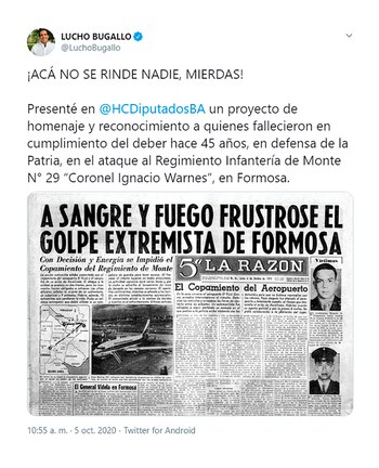 Tuit del diputado Luciano Bugallo