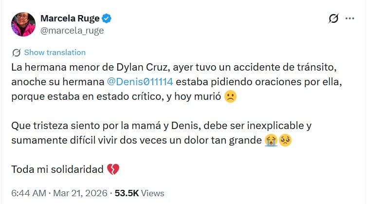 Las publicaciones difundidas en plataformas sociales han dado cuenta del difícil momento que atraviesa la familia, mientras que mensajes de solidaridad se multiplican tras esta nueva pérdida - crédito @marcela_Ruge / X