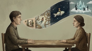 Dos personas sentadas frente a frente en una mesa de madera con una franja que conecta sus rostros y contiene cuatro viñetas ilustradas.