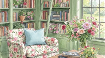 Habitación con sillón floral y cojín azul, estanterías verdes con libros y plantas, escalera, ventana a un jardín, mesa con libros y dos arreglos florales.