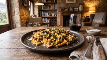 Plato con risotto y setas sobre una mesa de madera, con una copa de vino, cubiertos y una sala de estar de piedra al fondo.