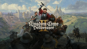 Ilustración de videojuego con logo Kingdom Come Deliverance II. Personajes medievales armados, armaduras, espadas, ballestas, caballos y castillo al fondo