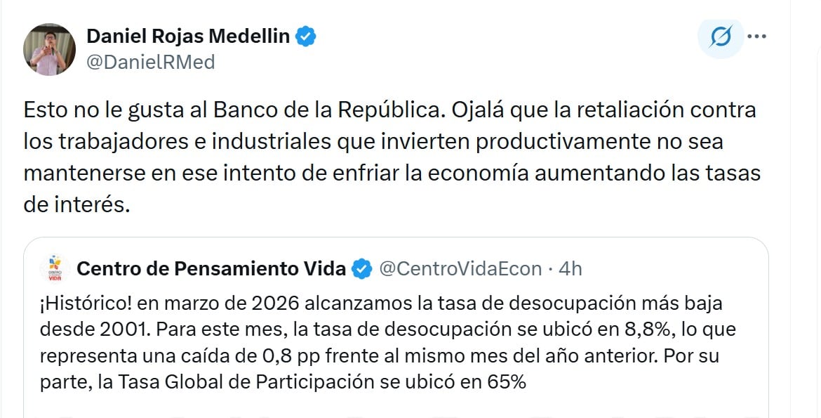El ministro de Educación, Daniel Rojas Medellín, cuestionó el papel del Banco de la República frente a la política de tasas de interés en un escenario de mejora del empleo - crédito @DanielRMed/X